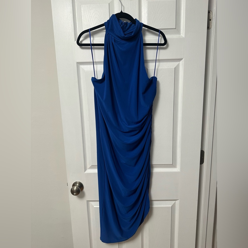 Badgley Mischka Cobalt Blue One-Shoulder Draped Evening Dress